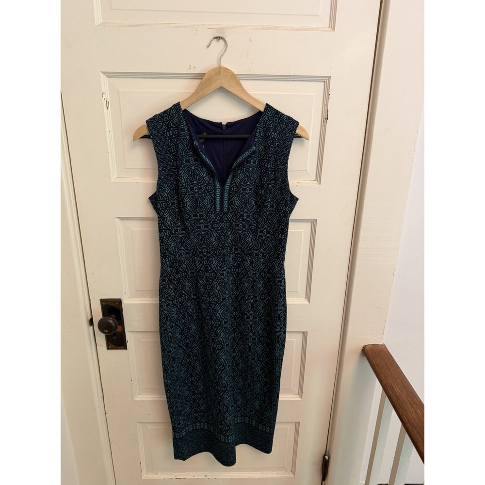 Adorne Women's Navy Green Patterned Tatum Sleeeveless Midi‎ Dress V-Neck  Size 6